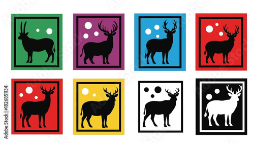 Collection of stylized deer and antelope silhouettes set against vibrant square backgrounds with scattered circles