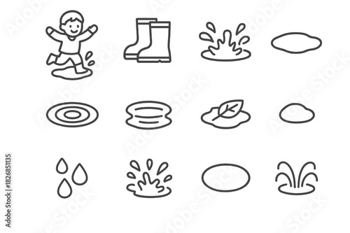 Children Puddle Fun. Children Playing. Line icon set of Children Playing: child jumping puddle, rubber boots, splashing water, small puddle, water ripple,