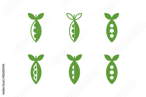 Pea Logo Variations. Pea. Icon set. Set Logo of Pea: Single pea pod. harmonious logo variations of the same emblematic concept (Minimal outline, Filled