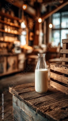 Fresh Milk in a Rustic Cafe Setting With Warm Lighting and Wooden Decor