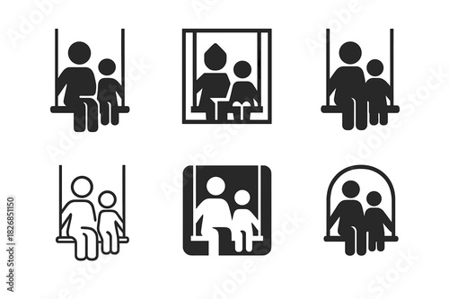 Parent-Child Bonding Icons. parent-child bonding. Icon set. Set Logo of parent-child bonding: swing scene with two figures. harmonious logo variations of the