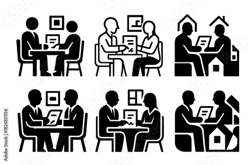 Lawyer Interaction Logos. Lawyers interacting with clients in various settings (offices, homes). Icon set. Set Logo of Lawyers interacting with clients in