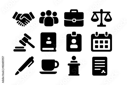 Legal Icon Grid. Legal networking. Solid icon set of legal networking: handshake, group of people, briefcase, scales, gavel, law book, ID badge, calendar, pen,