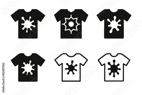 Stained Shirt Logos. Stained shirt. Icon set. Set Logo of stained shirt: t-shirt with ink splatter. harmonious logo variations of the same emblematic concept,