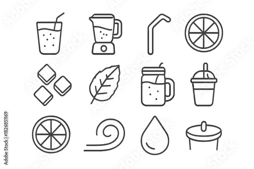 Smoothie Icon Set. Smoothie. Line icon set of smoothie: smoothie glass, blender, straw, fruit slice, ice cubes, mint leaf, mason jar, reusable cup, straw lid,