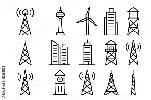 Multi-Use Towers Icons. Multi-use towers. Line icon set of Multi-use towers: communication tower, observation tower, wind turbine, water tower, radio mast,