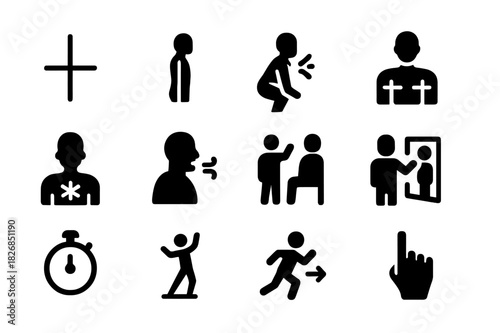 Fitness Icons Collection. Fitness Form. Solid icon set of Fitness Form: alignment line, straight spine, knee bend, shoulder line, core tight icon, breathing