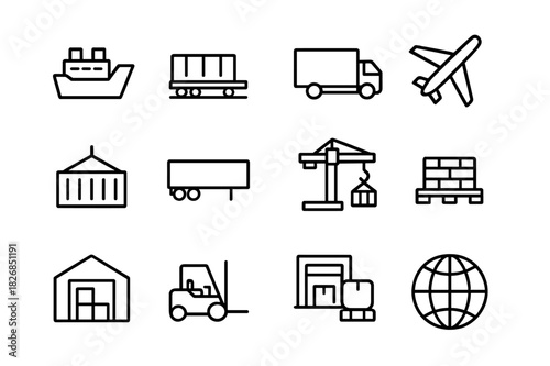 Freight Transport Icons. Freight Transportation. Line icon set of Freight Transportation: cargo ship, freight train, delivery truck, airplane cargo, shipping