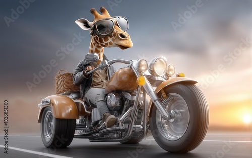 Whimsical Giraffe Biker A Unique Photograph of a Giraffe on Motorcycle with Sunglasses, Leather Jacket, and a Basket