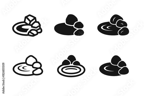 Garden Pond Logos. Outdoor landscaping design and installation. Icon set. Set Logo of outdoor landscaping design and installation: Garden pond with stones.