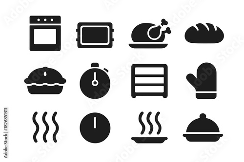Oven Cooking Icons. Oven cooking. Solid icon set of Oven cooking: oven, baking tray, roast chicken, bread, pie, timer, rack, oven mitt, heat waves, knob,