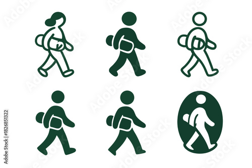 Morning Walk Logos. A person enjoying the quiet of a morning walk. Icon set. Set Logo of morning walk: person with coffee cup. harmonious logo variations of