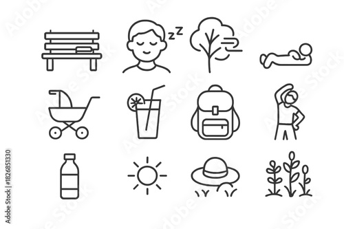 Park Relaxation Icons. Relaxing in park. Line icon set of relaxing in park: bench with book, closed eyes parent, breezy tree, child lying down, stroller