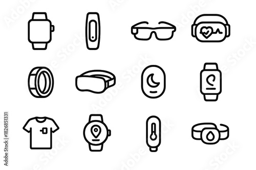 Wearable Devices Icons. Wearables. Line icon set of Wearables: smartwatch, fitness tracker, smart glasses, heart rate monitor, smart ring, VR headset, sleep