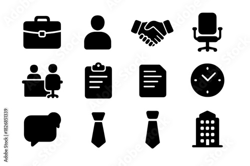 Job Interview Icons. Job Interview Setting. Solid icon set of Job Interview Setting: briefcase, person, handshake, office chair, desk, clipboard, document,