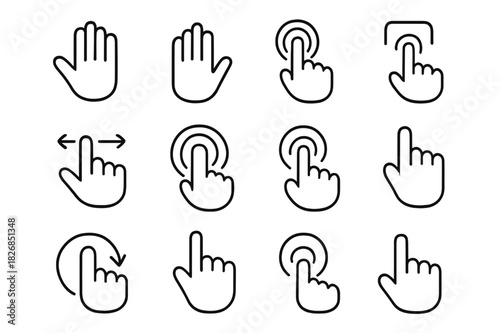 Push Gesture Icons. Push gesture. Line icon set of push gesture: hand forward, palm open, push symbol, touch gesture, screen press, hand with arrows, tap