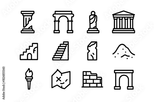 Preserved Ruins Icon Set. Preserved ruins. Line icon set of preserved ruins: broken column, stone arch, amphitheater, temple, stairway, statue, fragment,