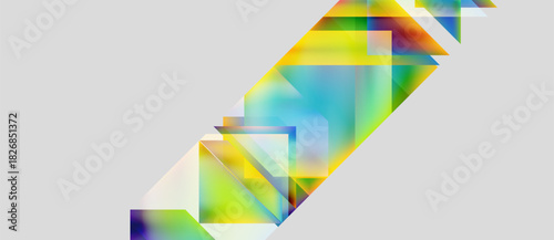 Abstract geometric shapes overlap, creating vibrant color gradients. Light greens, blues, yellows dominate composition. Minimalist design.