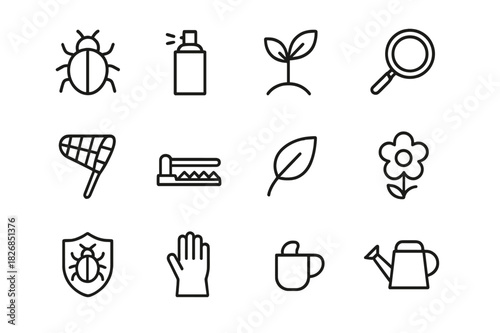 Pest Control Icons. Pest control. Line icon set of pest control: insect, pesticide spray, plant, magnifying glass, net, trap, leaf, flower, bug, shield, glove,