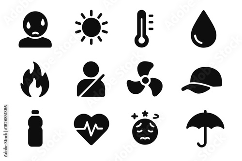 Heat Stress Icons. Heat stress. Solid icon set of heat stress: sweating person, sun, thermometer, water droplet, flame, dehydration symbol, fan, cap, drink