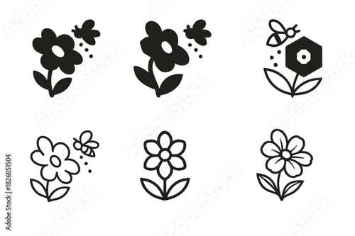 Flower Petal Logos. Function of flower petals. Icon set. Set Logo of flower petal function: pollination process with petal focus. harmonious logo variations of