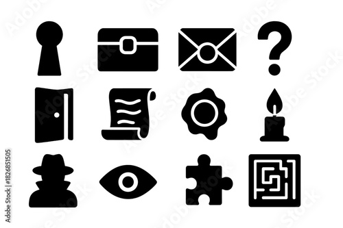 Mystery Icon Set. Mystery and Secrets. Solid icon set of Mystery and Secrets: keyhole, lockbox, envelope seal, question mark, hidden door, scroll, wax stamp,