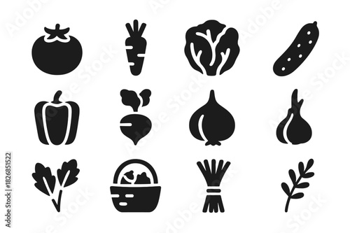 Black Produce Icons. Fresh produce. Solid icon set of Fresh produce: tomato, carrot, lettuce, cucumber, bell pepper, radish, onion, garlic, herbs, basket,