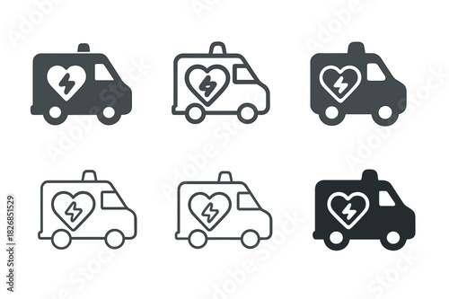 Mobile Medical Icon Set. Mobile medical unit. Icon set. Set Logo of mobile medical unit: defibrillator. harmonious logo variations of the same emblematic