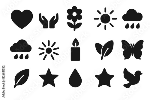 Emotional Healing Icons. Emotional healing. Solid icon set of emotional healing: heart, open hands, flower, sun, rain cloud, light rays, candle, butterfly,