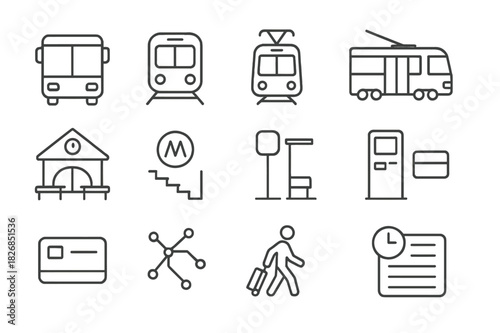 Public Transport Icons. Public Transport. Line icon set of Public Transport: bus, subway train, tram, trolleybus, train station, metro entrance, bus stop,