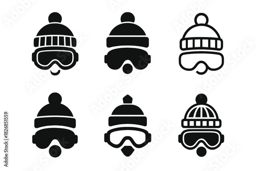 Snowball Fight Icons. Snowball fight. Icon set. Set Logo of snowball fight: winter goggles and beanie ready for play. harmonious logo variations of the same