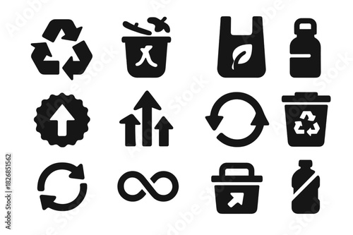 Recycling Icons Set. Recycling and reuse. Solid icon set of Recycling and reuse: recycle symbol, compost bin, refill bottle, reusable bag, bottle