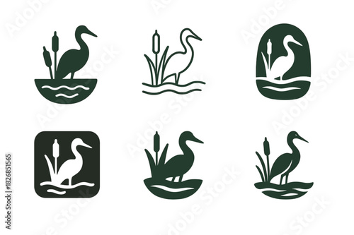 Wetlands Icon Set. Wetlands. Icon set. Set Logo of wetlands: marsh ecosystem scene. harmonious logo variations of the same emblematic concept, each with