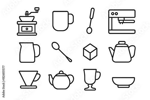 Coffee Tools Icons. Coffee preparation tools. Line icon set of Coffee preparation tools: coffee grinder, coffee mug, frother, espresso machine, milk jug,