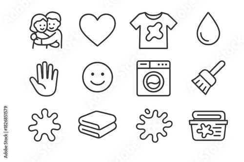 Hugging Icon Set. Hugging with color-stained clothes. Line icon set of hugging with color-stained clothes: two people hugging, heart, shirt, paint stain, drop,