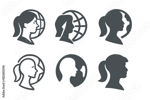 Women Leadership Icons. women in leadership. Icon set. Set Logo of women in leadership: silhouette with globe. harmonious logo variations of the same