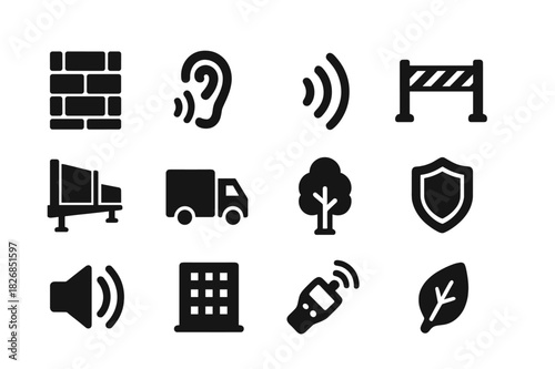 Acoustic Barrier Icons. Acoustic Barriers. Solid icon set of Acoustic Barriers: wall, ear, wave, construction site, highway, truck, tree, shield, sound icon,