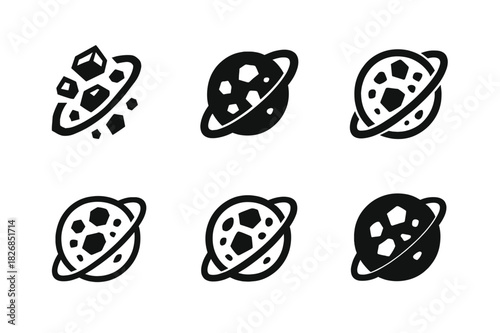 Space Debris Logos. space debris. Icon set. Set Logo of space debris: earth with orbiting fragments. harmonious logo variations of the same emblematic concept,