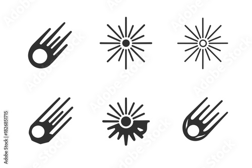 Meteor Shower Icons. Meteor shower. Icon set. Set Logo of meteor shower: Explosion of light from impact. harmonious logo variations of the same emblematic