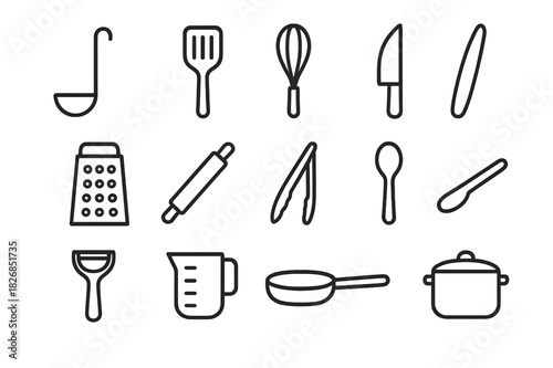 Minimalist Cooking Icons. Cooking utensils. Line icon set of cooking utensils: ladle, spatula, whisk, knife, grater, rolling pin, tongs, spoon, peeler,