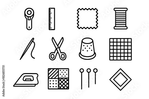 Quilting Tools Icons. Quilting tools. Line icon set of quilting tools: rotary cutter, ruler, fabric square, thread spool, needle, scissors, thimble, cutting