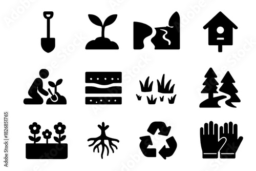 Habitat Restoration Icons. Habitat restoration. Solid icon set of habitat restoration: shovel, seedling, riverbank, birdhouse, tree planting, soil layers,
