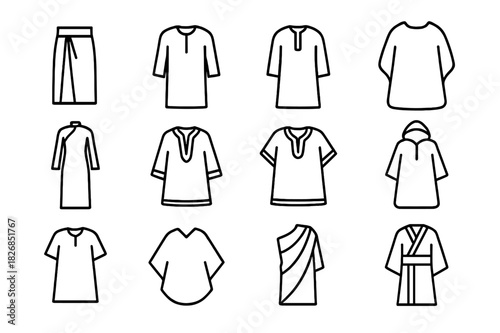 Ethnic Garments Icons. Ethnic garments. Line icon set of ethnic garments: sarong, kurta, thobe, boubou, ao dai, chapan, dashiki, jellaba, tunic, poncho, toga,