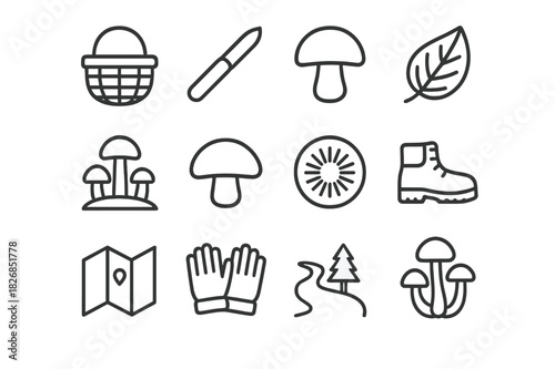 Mushroom Foraging Icons. Mushroom Foraging. Line icon set of Mushroom Foraging: basket, knife, mushroom, forest leaf, mushroom patch, mushroom cap, spore