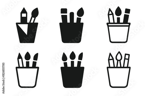Art Supplies Icons. Art supplies in a cup. Icon set. Set Logo of art supplies in a cup: Simplified geometric cup of art tools. harmonious logo variations of