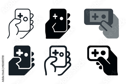 Mobile Gaming Logos. Playing a mobile game on the go. Icon set. Set Logo of mobile gaming: hand holding smartphone with game screen. harmonious logo variations