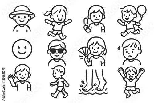 Summer Kids Icons. Summer kids. Line icon set of summer kids: child with hat, skipping child, holding popsicle, running with balloon, smiling face, sunglasses