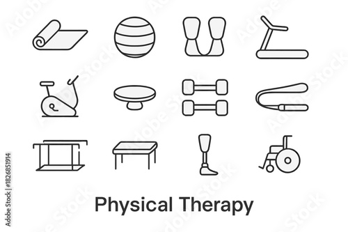 Physical Therapy Icons. Physical Therapy. Line icon set of Physical Therapy: exercise mat, therapy ball, resistance bands, treadmill, stationary bike, balance