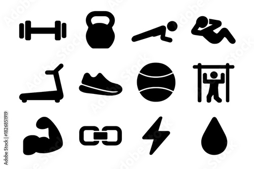 Fitness Icon Set. Fitness workout. Solid icon set of fitness workout: dumbbell, kettlebell, push up pose, sit up pose, treadmill, running shoes, gym ball, pull