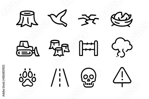 Habitat Loss Icons. Habitat loss. Line icon set of habitat loss: tree stump, bird flying away, cracked land, broken nest, bulldozer, forest cut, fence, smoke